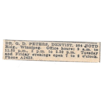 Dr G.D. Peters Dentist Boyd Building Winnipeg 1920 Ad AG2-S4