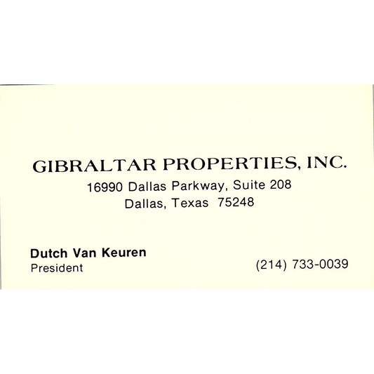 Dutch Van Keuren Gibralter Properties Inc Dallas Vintage Business Card SE3-B14
