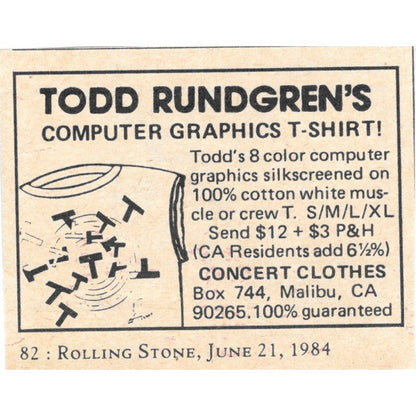 Todd Rundgren's Computer Graphics T-Shirt Concert Clothes Malibu 1984 Ad AF8-S7