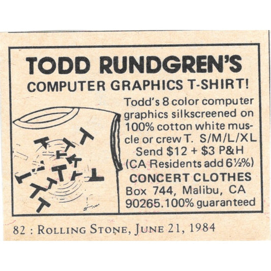 Todd Rundgren's Computer Graphics T-Shirt Concert Clothes Malibu 1984 Ad AF8-S7