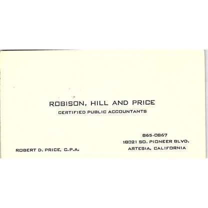 Robison, Hill & Price Robert D Price CPA Artesia CA Vintage Business Card SD9-B1