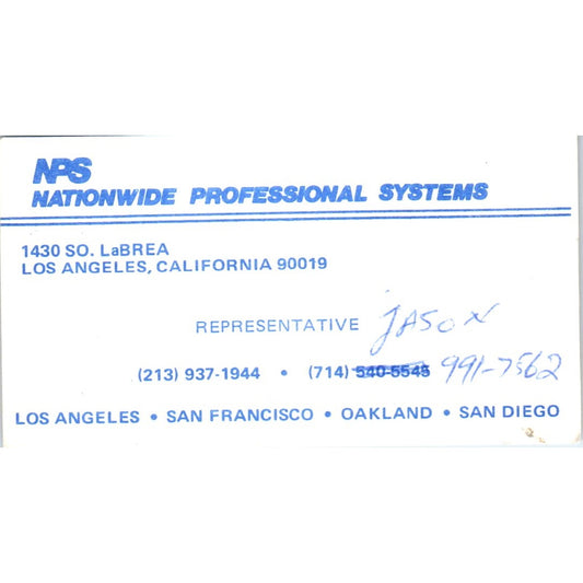 NPS Nationwide Professional Systems Los Angeles CA Vintage Business Card SE3-B4