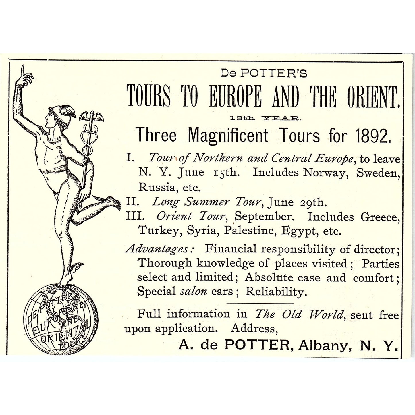 A. De Potter Tours to Europe and the Orient Albany NY 1892 Ad AG2-H6
