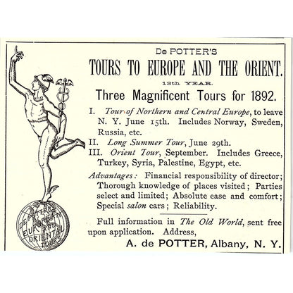 A. De Potter Tours to Europe and the Orient Albany NY 1892 Ad AG2-H6