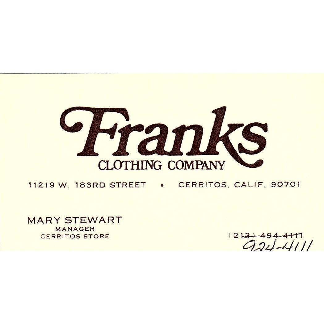 Mary Stewart Franks Clothing Company Cerritos CA Vintage Business Card SD9-B10