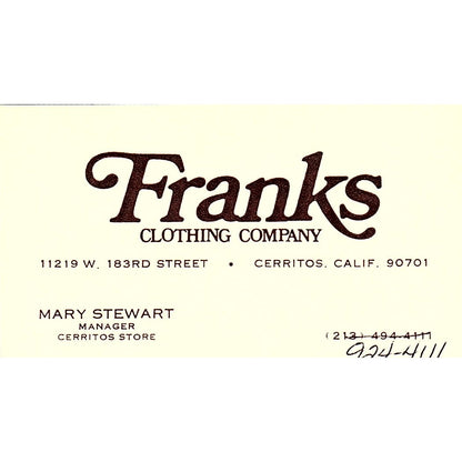 Mary Stewart Franks Clothing Company Cerritos CA Vintage Business Card SD9-B10