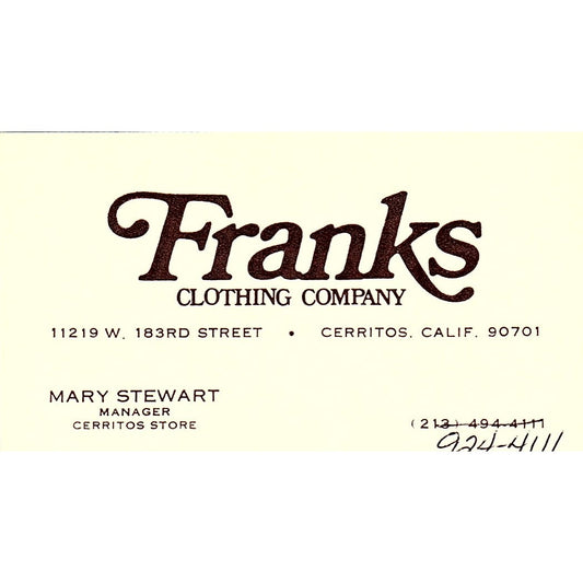Mary Stewart Franks Clothing Company Cerritos CA Vintage Business Card SD9-B10