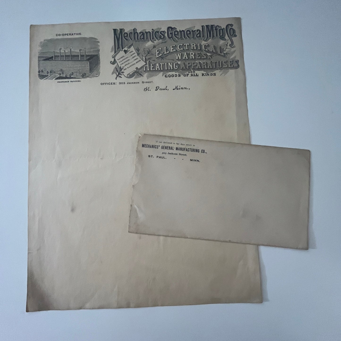 c1910 Mechanics General Mfg Co St. Paul MN Blank Letterhead & Envelope K22