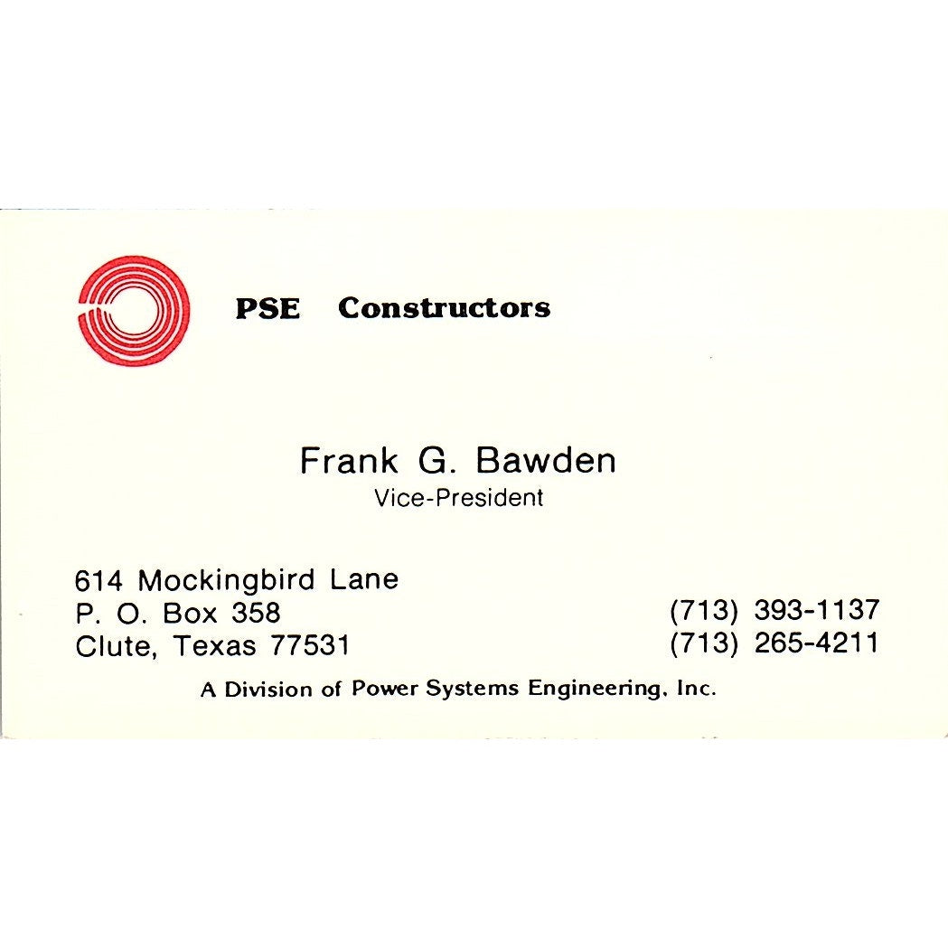 PSE Constructors Frank G Bawden Clute TX Vintage Business Card SD9-B3