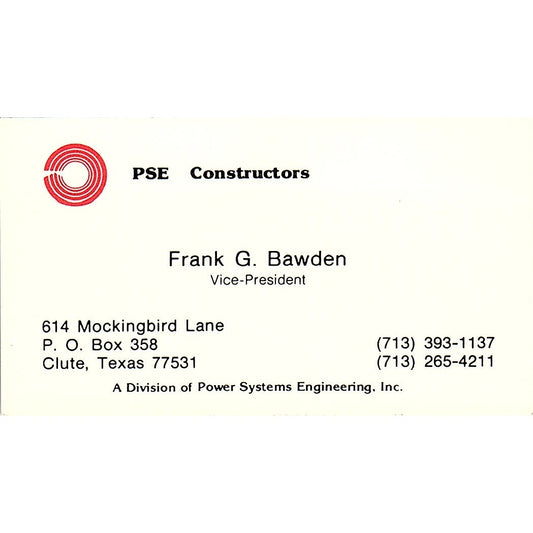 PSE Constructors Frank G Bawden Clute TX Vintage Business Card SD9-B3