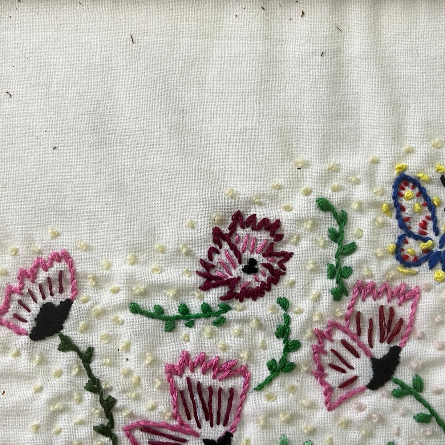 Vtg Framed Needlework Crewel Wool Embroidered Basket of Flowers Floral 15x15"
