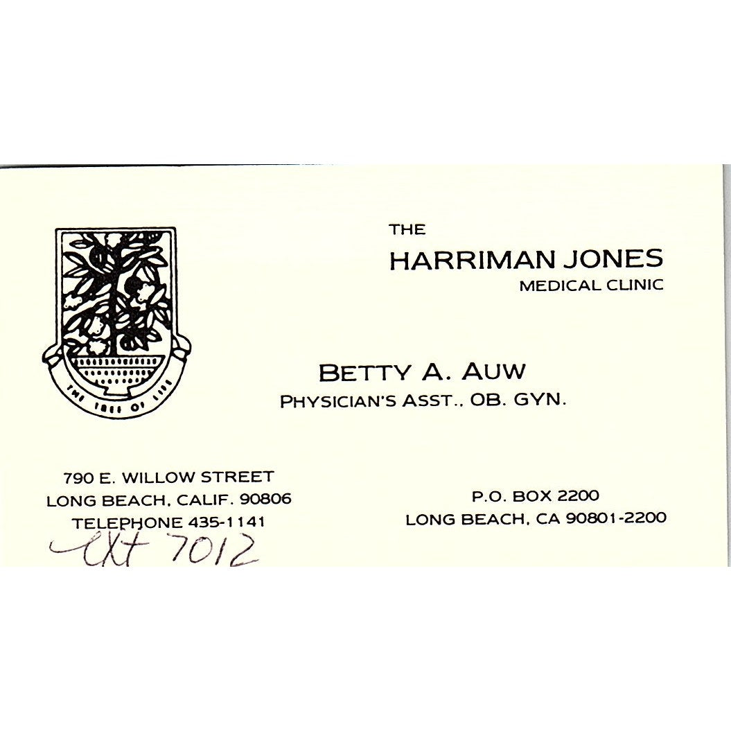 The Harriman Jones Medical Clinic Betty A. Auw Long Beach Business Card SB4-B1
