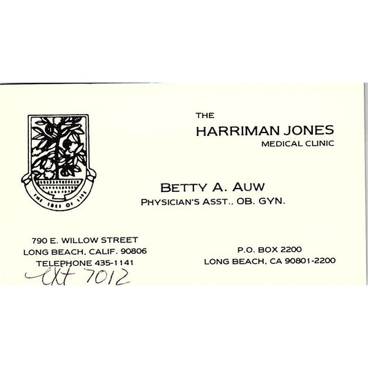The Harriman Jones Medical Clinic Betty A. Auw Long Beach Business Card SB4-B1