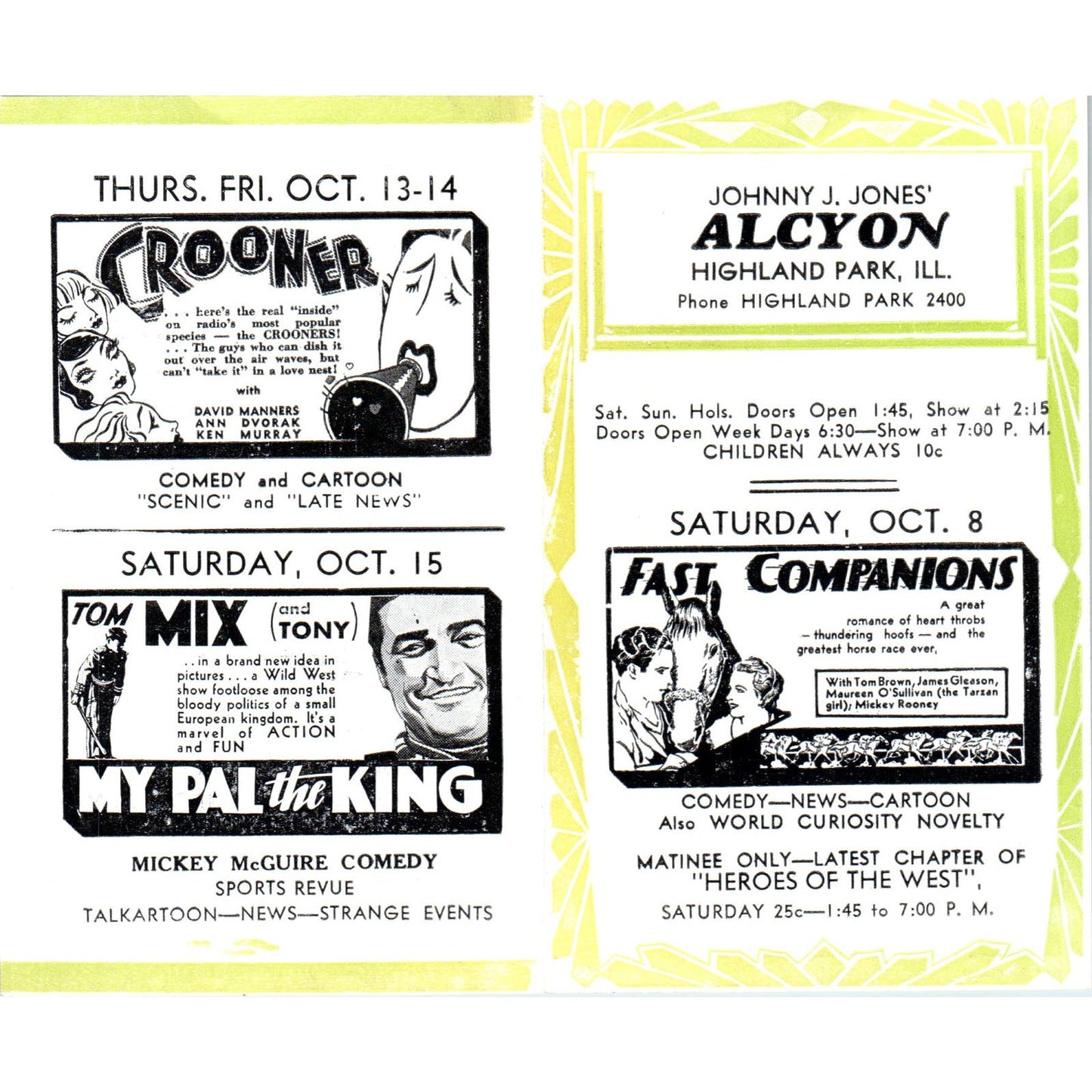 c1932 Johnny J. Jones Alcyon Theatre Highland Park Program Fast Companions AB9