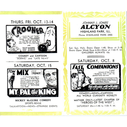 c1932 Johnny J. Jones Alcyon Theatre Highland Park Program Fast Companions AB9