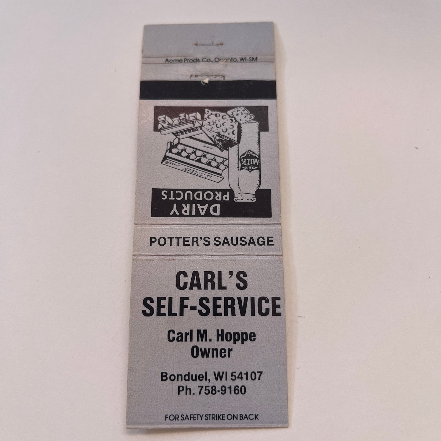 Carl's Self-Service Carl M Hoppe Bonduel WI Vintage Matchbook MM4-10