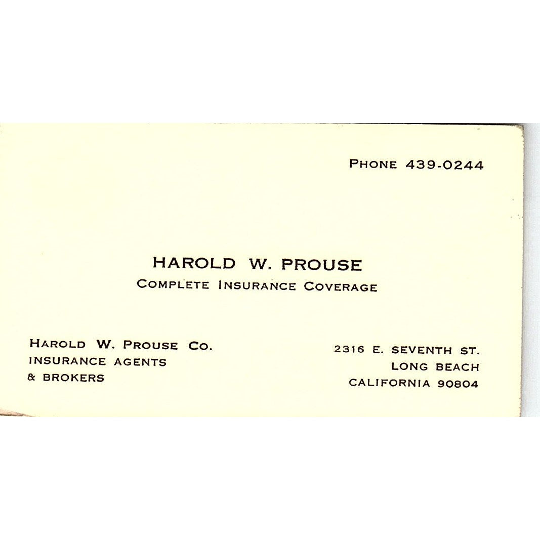 Harold W Prouse Co Ins Agents Long Beach Vintage Business Card SD9-B11