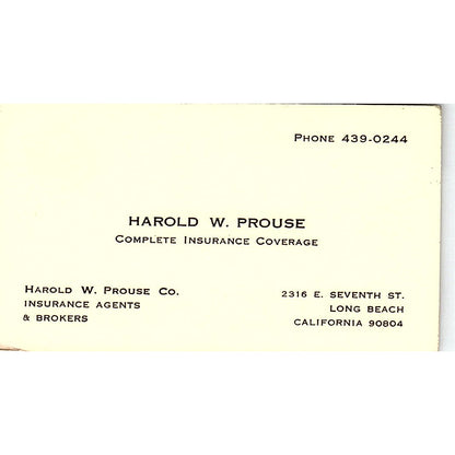 Harold W Prouse Co Ins Agents Long Beach Vintage Business Card SD9-B11