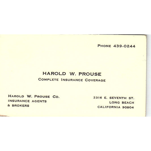 Harold W Prouse Co Ins Agents Long Beach Vintage Business Card SD9-B11