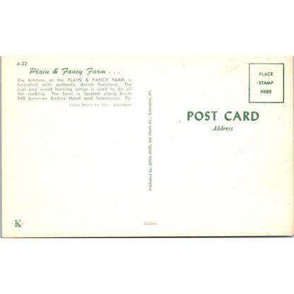 Plain & Fancy Farm Kitchen Amish Pennsylvania Dutch Country Postcard PD7