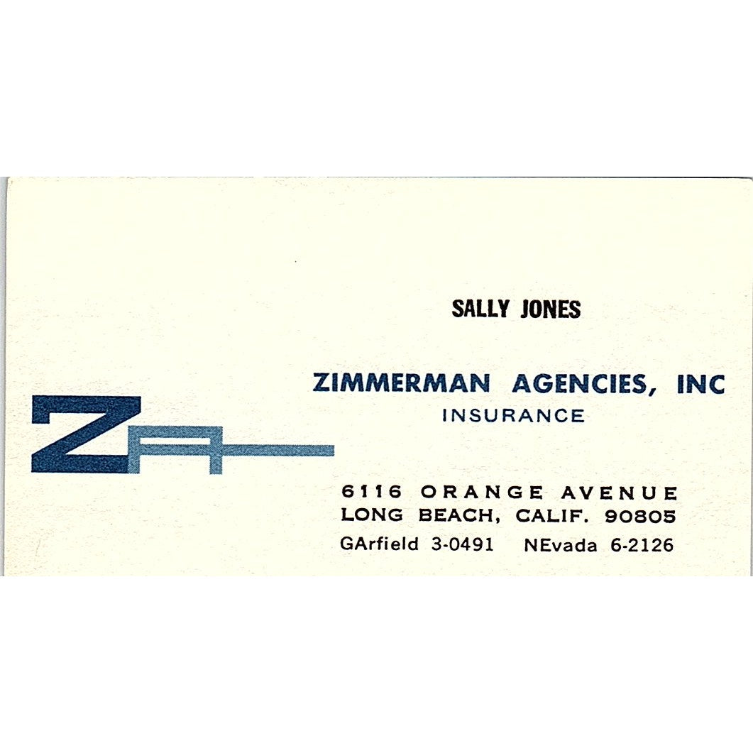 Sally Jones Zimmerman Agencies Inc Long Beach Vintage Business Card SD9-B11