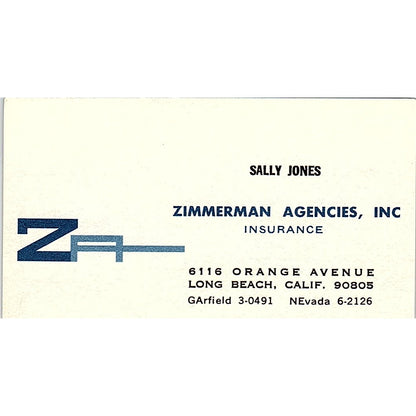 Sally Jones Zimmerman Agencies Inc Long Beach Vintage Business Card SD9-B11
