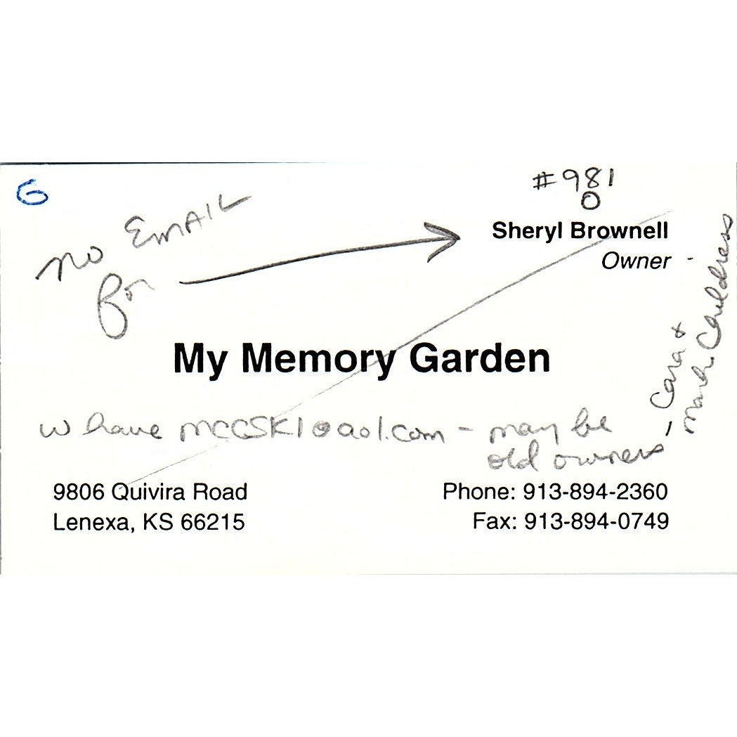 My Memory Garden Sheryl Brownell Lenexa KS Vintage Business Card SC9-B11