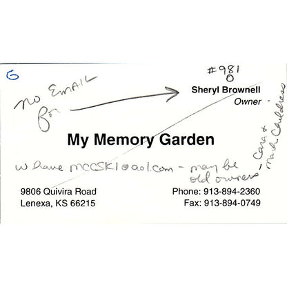My Memory Garden Sheryl Brownell Lenexa KS Vintage Business Card SC9-B11