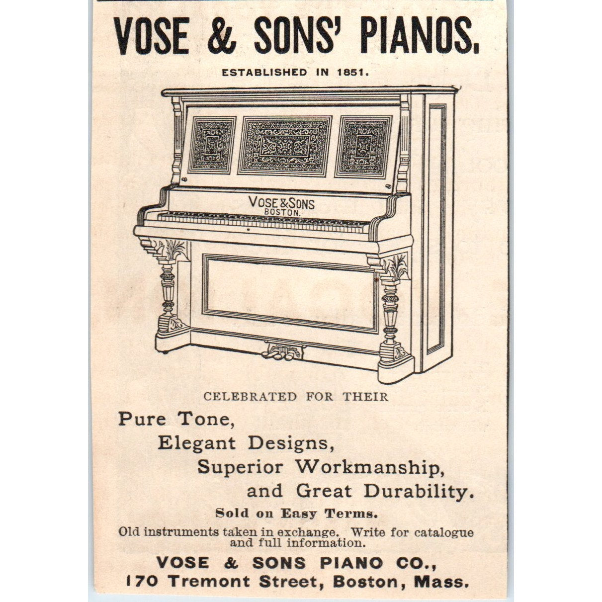 Vose and Sons' Piano Co Boston MA 1892 Magazine Ad AB6-3