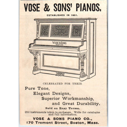 Vose and Sons' Piano Co Boston MA 1892 Magazine Ad AB6-3