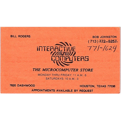 Bill Rogers Bob Jhohnston Interactive Computers Houston Vtg Business Card SD9-B2