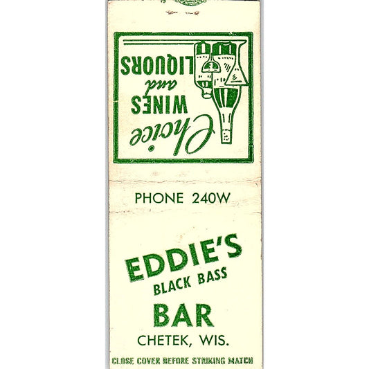 Eddie's Black Bass Bar Chetek WI Vintage Matchbook Cover SC7-Y10