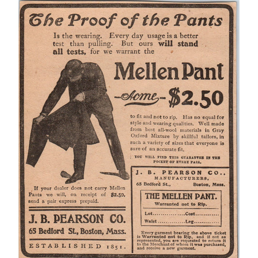 Acme Mellen Pant J.B. Pearson Co Boston MA 1905 Magazine Ad AF1-NEH