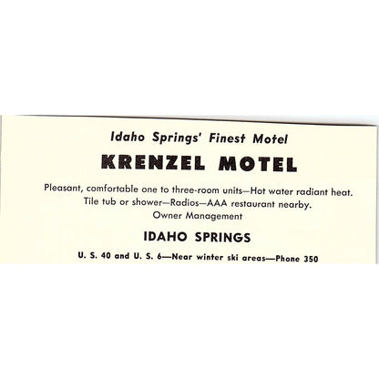Krenzel Motel Idaho Springs CO 1958 Ad AG1-M2