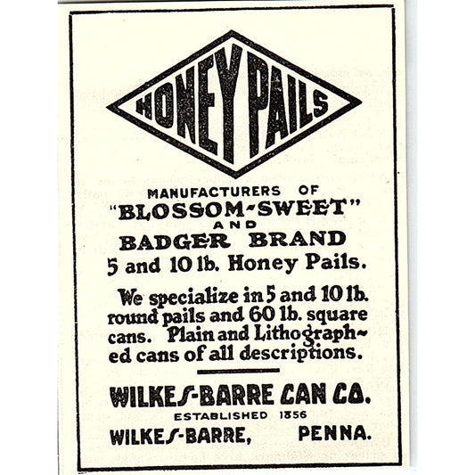 Honey Pails Wilkes-Barre Can Co Pennsylvania 1926 Ad AG3-M8