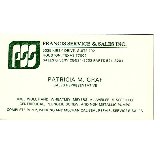 Francis Service & Sales Patricia Graf Houston TX Vintage Business Card SB4-B10