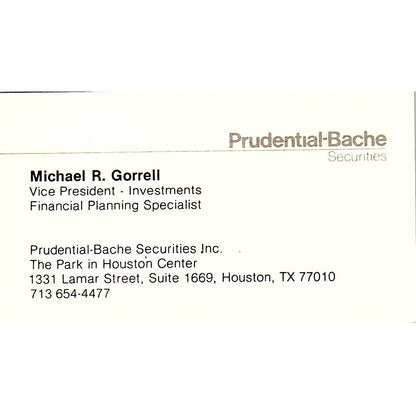 Prudential-Bache Michael R. Gorrell Houston Texas Vintage Business Card SF3-B7