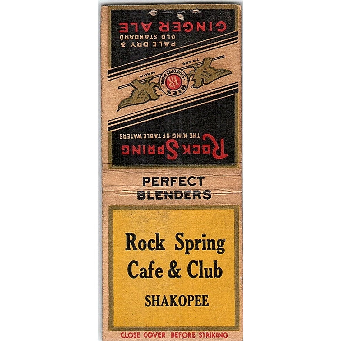 Rock Spring Club Shakopee MN Ries Ginger Ale Vintage Matchbook Cover SF3-Y1