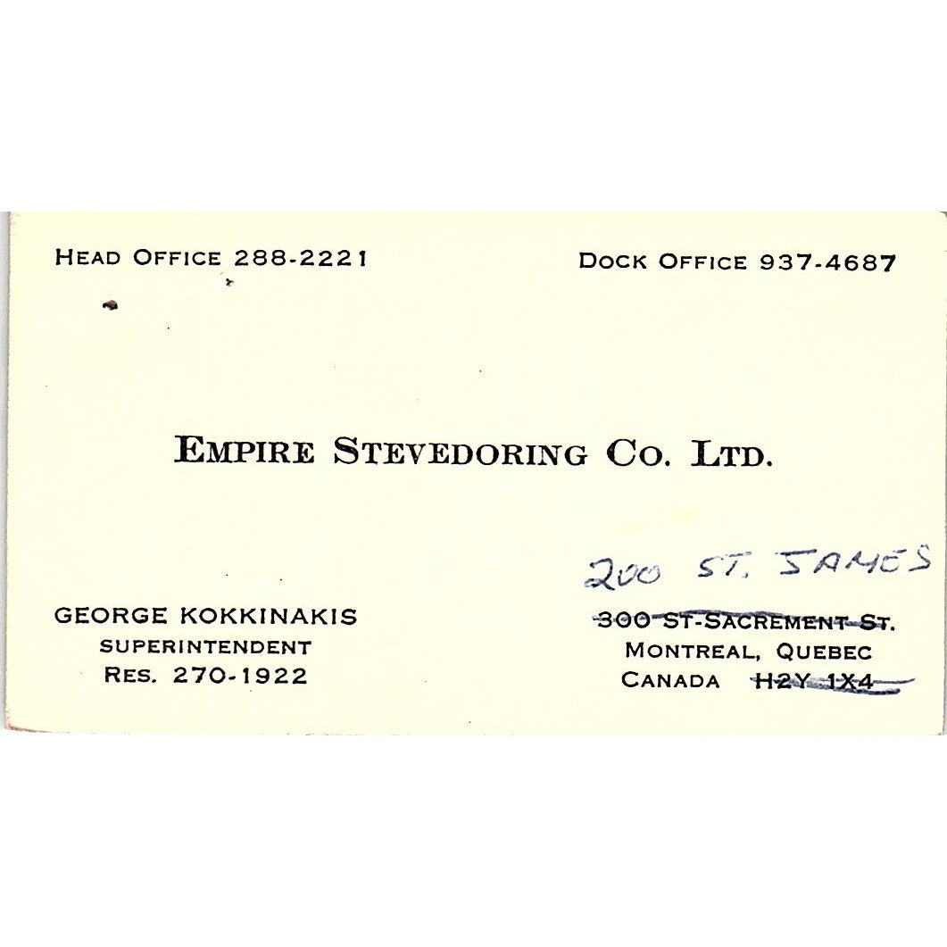 George Kokkinakis Empire Stevedoring Co Montreal Quebec Vtg Business Card SC9-B4