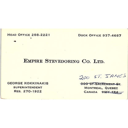 George Kokkinakis Empire Stevedoring Co Montreal Quebec Vtg Business Card SC9-B4