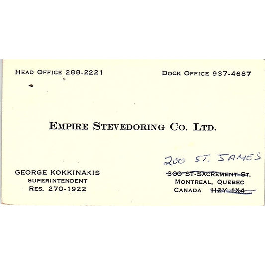George Kokkinakis Empire Stevedoring Co Montreal Quebec Vtg Business Card SC9-B4