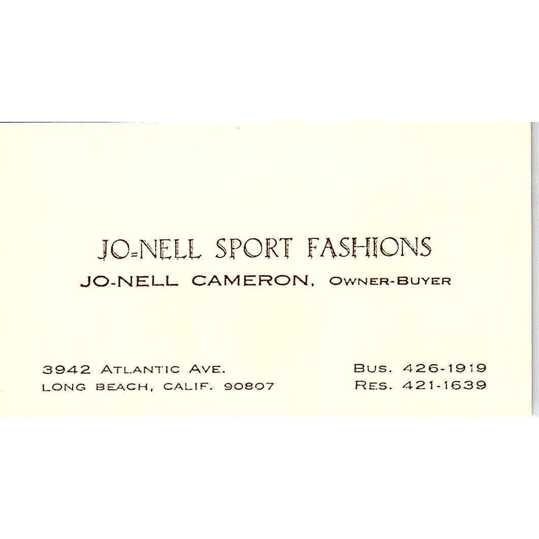 Jo-Nell Sport Fashions Jo-Nell Cameron Long Beach Vintage Business Card SE5-B5