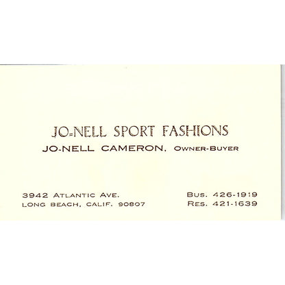 Jo-Nell Sport Fashions Jo-Nell Cameron Long Beach Vintage Business Card SE5-B5