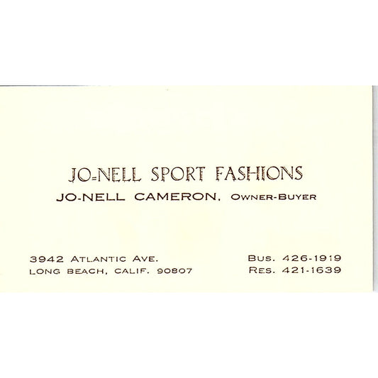 Jo-Nell Sport Fashions Jo-Nell Cameron Long Beach Vintage Business Card SE5-B5