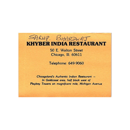 Khyber India Restaurant Sarup Bhardwat Chicago Vintage Business Card ML1-6