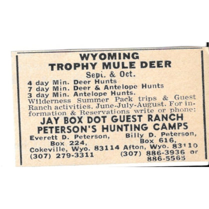 Jay Box Dot Guest Ranch, Everett & Billy Peterson's Camps WY 1977 Ad AF6-S3