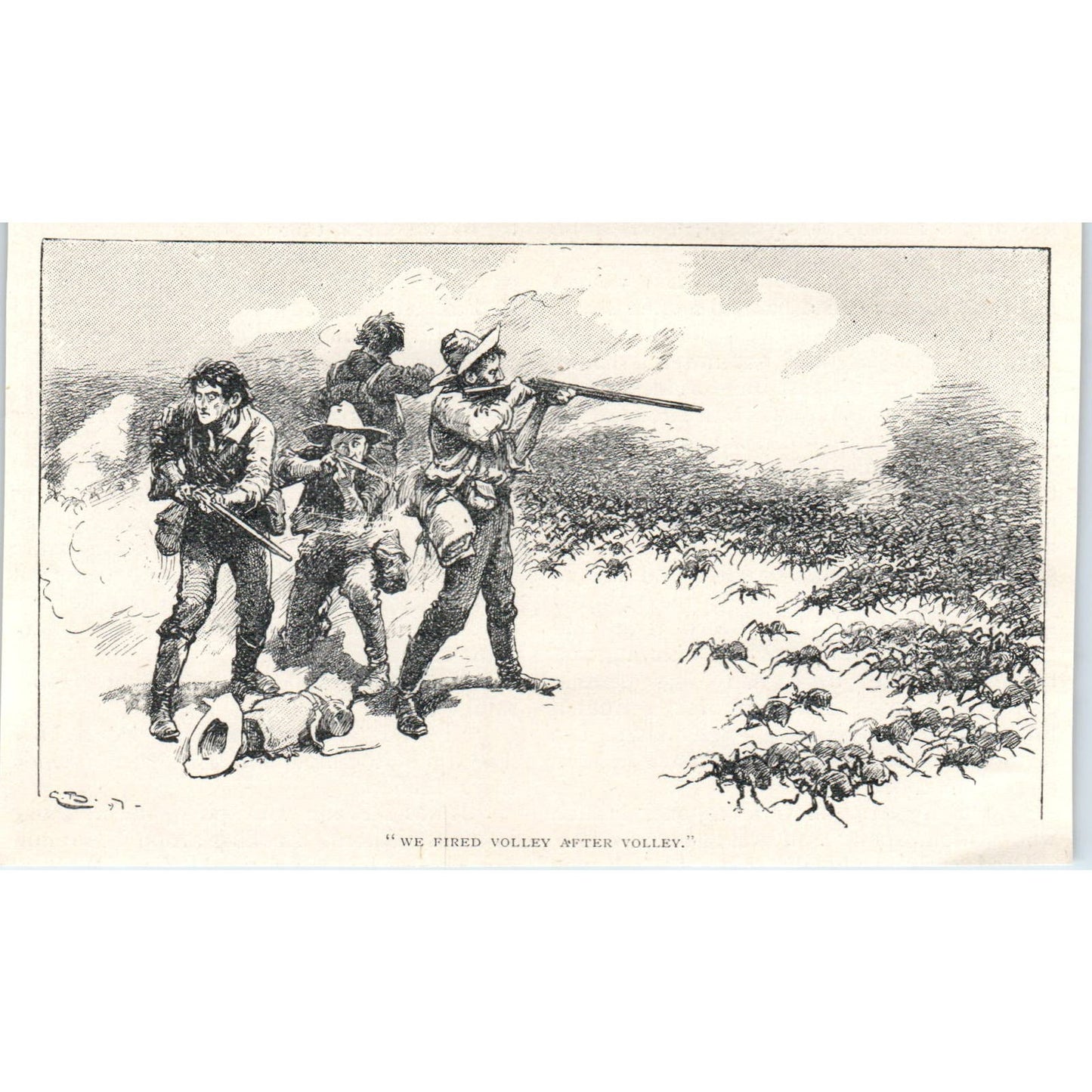 Western Cowboys Shooting at Giant Spiders 1897 Victorian Illustration AE9-TS4