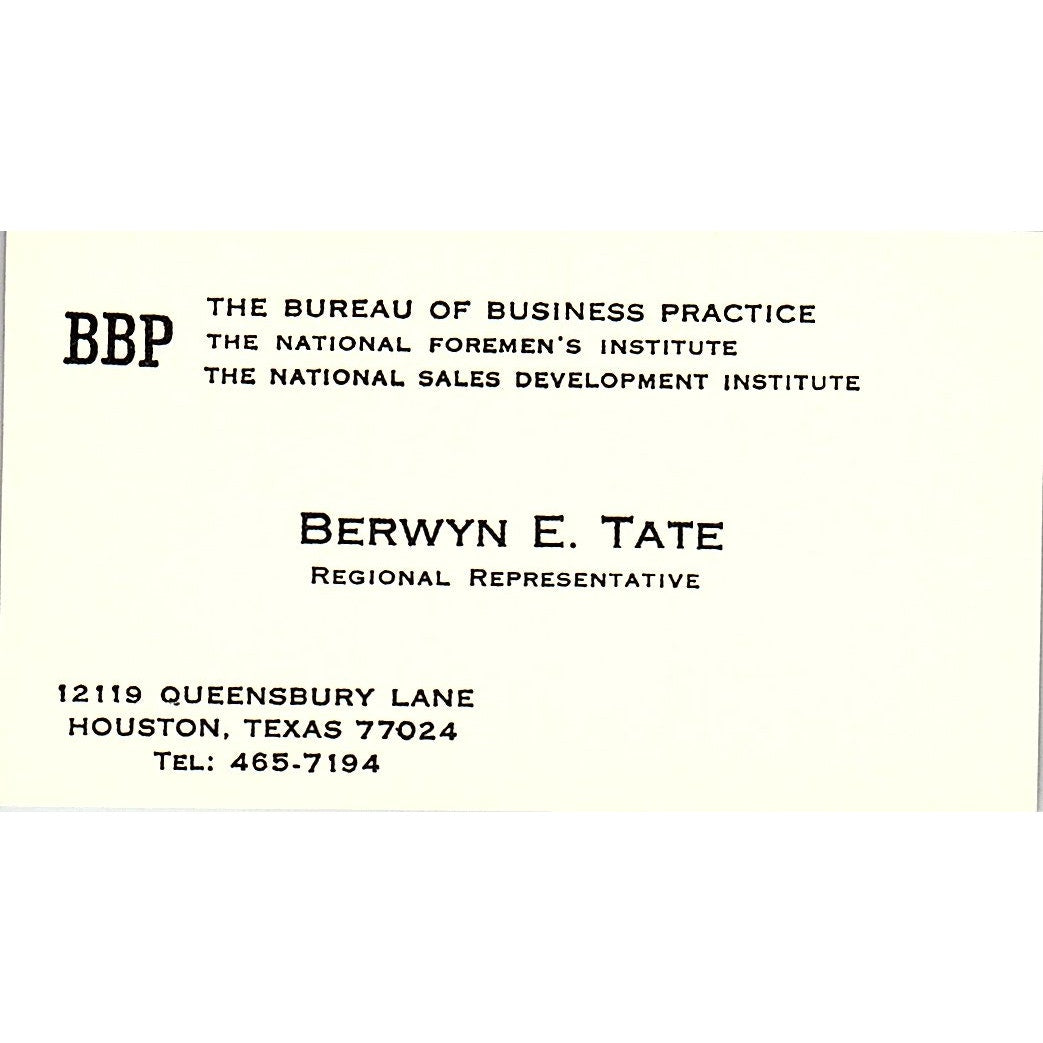 Bureau Of Business Practice Berwyn E Tate Houston TX Vintage Busines Card SF3-B3