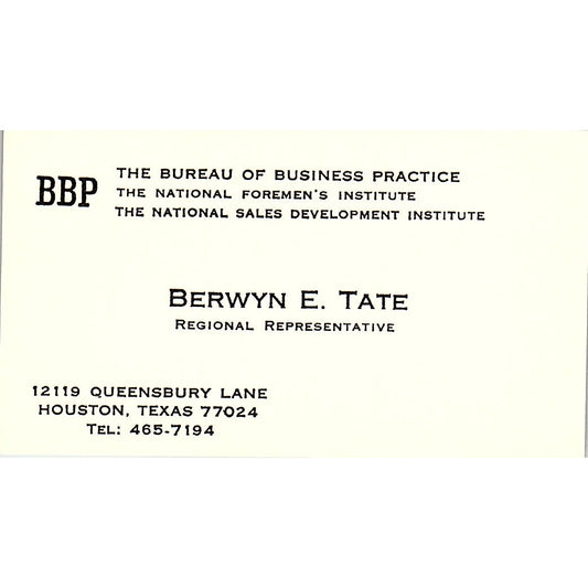 Bureau Of Business Practice Berwyn E Tate Houston TX Vintage Busines Card SF3-B3