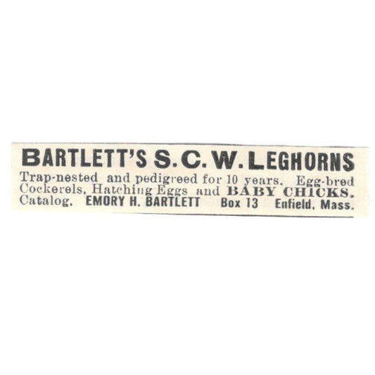 Emory H. Bartlett Leghorns Enfield MA 1924 Ad AG3-S8